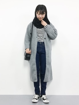 「スヌード」｜「アイテム（ノーカラージャケット）」を使った、まるさん（レディース・161cm）の冬コーディネート