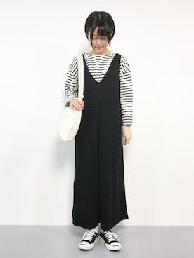 「ボートネック」｜「アイテム（つなぎ/オールインワン）」を使った、まるさん（レディース・161cm）の冬コーディネート