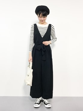「ボートネック」｜「アイテム（つなぎ/オールインワン）」を使った、まるさん（レディース・161cm）の春コーディネート