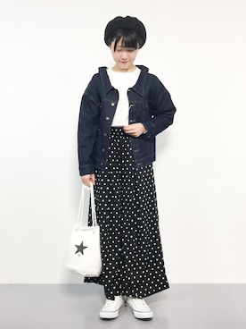 「ドットパンツ」｜「アイテム（デニムジャケット）」を使った、まるさん（レディース・161cm）の春コーディネート