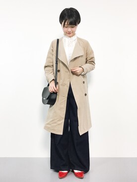 「フリルネック」｜「アイテム（トレンチコート）」を使った、まるさん（レディース・161cm）の春コーディネート