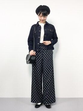 「ドットパンツ」｜「アイテム（デニムジャケット）」を使った、まるさん（レディース・161cm）の春コーディネート