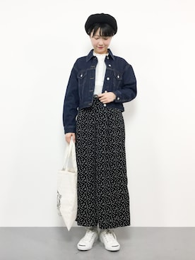 「ドットパンツ」｜「アイテム（デニムジャケット）」を使った、まるさん（レディース・161cm）の春コーディネート