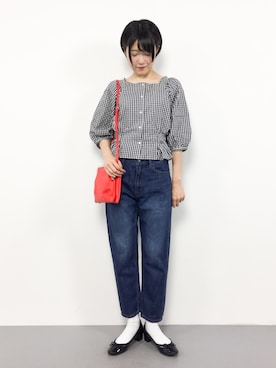 「coen（コーエン）のテーパードスリム5ポケットデニムパンツ（デニムパンツ）」を使った、まるさん（レディース・161cm）の夏コーディネート