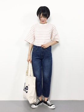 「coen（コーエン）のテーパードスリム5ポケットデニムパンツ（デニムパンツ）」を使った、まるさん（レディース・161cm）の夏コーディネート