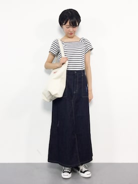 「SEVENDAYS=SUNDAY（セブンデイズサンデイ）のアイテム（デニムスカート）」を使った、まるさん（レディース・161cm）の夏コーディネート
