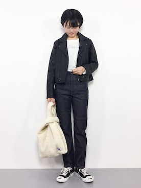 「テーパードデニム」｜「アイテム（ライダースジャケット）」を使った、まるさん（レディース・161cm）の秋コーディネート