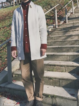 「茶色」｜「アイテム（ステンカラーコート）」を使った、t@ka.さん（メンズ・175cm）の秋コーディネート