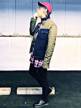 「ロングシャツ」｜「アイテム（ノーカラージャケット）」を使った、t@ka.さん（メンズ・175cm）の冬コーディネート