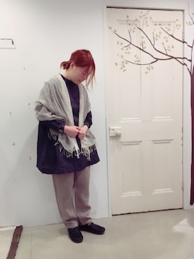 「ストライプパンツ」｜「アイテム（チュニック）」を使った、YARRAdouxbleu三宮店さん（レディース・154cm）の冬コーディネート
