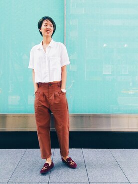 「アイテム（チノパンツ、オレンジ系）」を使った、twinslifestyleさん（レディース・165cm）の夏コーディネート