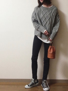 「URBAN RESEARCH（アーバンリサーチ）のケーブルボリュームニット（ニット/セーター、グレー系）」を使った、dxさん（レディース・163cm）の秋コーディネート