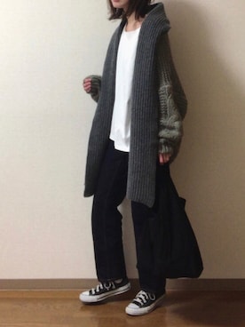 「DHOLIC（ディーホリック）のアイテム（ニット/セーター、グレー系）」を使った、dxさん（レディース・163cm）の秋コーディネート