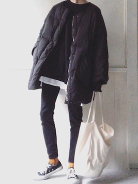 「FREAK'S STORE（フリークスストア）のWEB限定 12oz ヘビーウェイト ビッグシルエット クルーネックスウェット/トレーナー（スウェット、ブラック系）」を使った、dxさん（レディース・163cm）の冬コーディネート