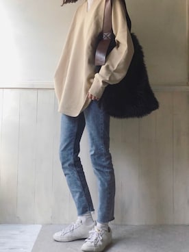 「JOURNAL STANDARD relume（ジャーナルスタンダード　レリューム）のPowder Washラグランスウェット◆（スウェット、ベージュ系）」を使った、dxさん（レディース・163cm）の冬コーディネート