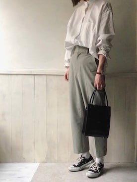 「AMERICAN HOLIC（アメリカンホリック）のスタンドカラーオックスBIGシャツ（シャツ/ブラウス、ホワイト系）」を使った、dxさん（レディース・163cm）の春コーディネート