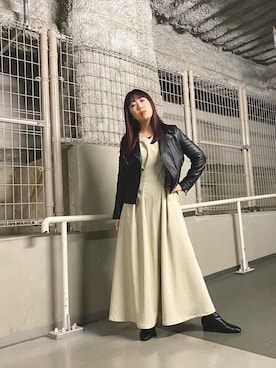 「ステッチ」｜「アイテム（ライダースジャケット）」を使った、ひーさんさん（レディース・154cm）の冬コーディネート