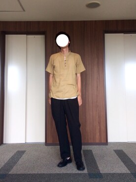 「GU（ジーユー）の（GU）コットンリネンスリムフィットトラウザー（MEN ⁄ チノ・イージーパンツ・デザインパンツ）」を使った、sさん（メンズ・177cm）の夏コーディネート