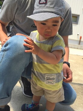 「西松屋（ニシマツヤ）のアイテム（Tシャツ/カットソー、イエロー系）」を使った、yuit☺︎nさん（キッズ・80cm）の夏コーディネート