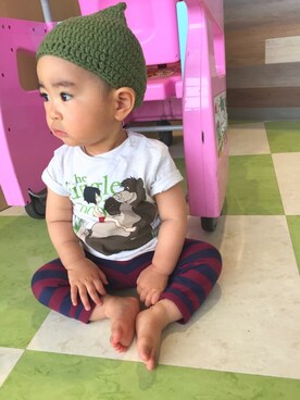 「H&M（エイチ・アンド・エム）のアイテム（Tシャツ/カットソー、ホワイト系）」を使った、yuit☺︎nさん（キッズ・80cm）の夏コーディネート