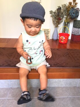 「kuranbonのアイテム（Tシャツ/カットソー、グリーン系）」を使った、yuit☺︎nさん（キッズ・80cm）の夏コーディネート