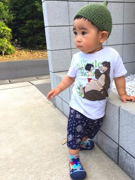 「H&M（エイチ・アンド・エム）のアイテム（Tシャツ/カットソー、ホワイト系）」を使った、yuit☺︎nさん（キッズ・80cm）の夏コーディネート