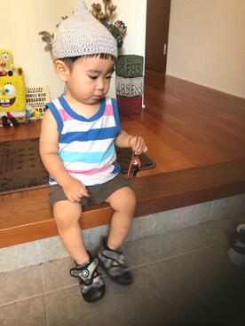 「西松屋（ニシマツヤ）のアイテム（Tシャツ/カットソー、その他）」を使った、yuit☺︎nさん（キッズ・80cm）の夏コーディネート