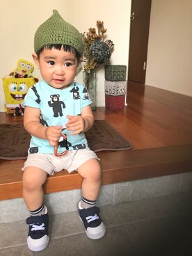 「西松屋（ニシマツヤ）のアイテム（Tシャツ/カットソー、ブルー系）」を使った、yuit☺︎nさん（キッズ・80cm）の夏コーディネート