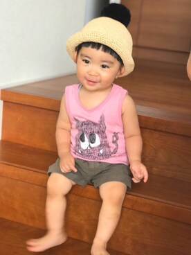「西松屋（ニシマツヤ）のアイテム（Tシャツ/カットソー、ピンク系）」を使った、yuit☺︎nさん（キッズ・80cm）の夏コーディネート