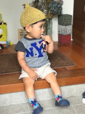 「BREEZE（ブリーズ）のアイテム（Tシャツ/カットソー、グレー系）」を使った、yuit☺︎nさん（キッズ・80cm）の夏コーディネート