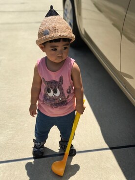 「西松屋（ニシマツヤ）のアイテム（Tシャツ/カットソー、ピンク系）」を使った、yuit☺︎nさん（キッズ・80cm）の秋コーディネート