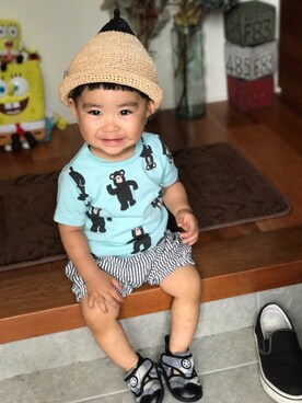 「西松屋（ニシマツヤ）のアイテム（Tシャツ/カットソー、ブルー系）」を使った、yuit☺︎nさん（キッズ・80cm）の秋コーディネート