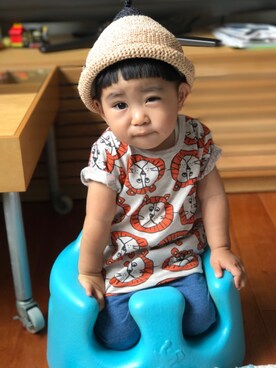 「西松屋（ニシマツヤ）のアイテム（Tシャツ/カットソー、ベージュ系）」を使った、yuit☺︎nさん（キッズ・80cm）の秋コーディネート