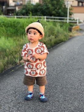 「西松屋（ニシマツヤ）のアイテム（Tシャツ/カットソー、ベージュ系）」を使った、yuit☺︎nさん（キッズ・80cm）の秋コーディネート