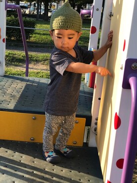 「西松屋（ニシマツヤ）のアイテム（Tシャツ/カットソー、ピンク系）」を使った、yuit☺︎nさん（キッズ・80cm）の秋コーディネート