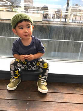「西松屋（ニシマツヤ）のアイテム（Tシャツ/カットソー、ピンク系）」を使った、yuit☺︎nさん（キッズ・80cm）の秋コーディネート