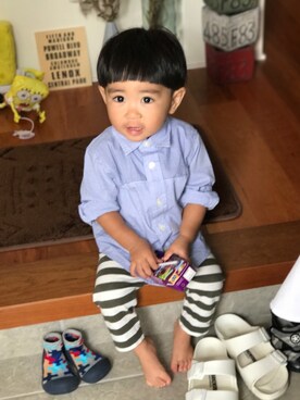 「GAP（ギャップ）のアイテム（シャツ/ブラウス、ブルー系）」を使った、yuit☺︎nさん（キッズ・80cm）の秋コーディネート
