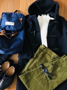 「coen（コーエン）のアイテム（ダッフルコート）」を使った、なかむ。さん（メンズ・170cm）の春コーディネート