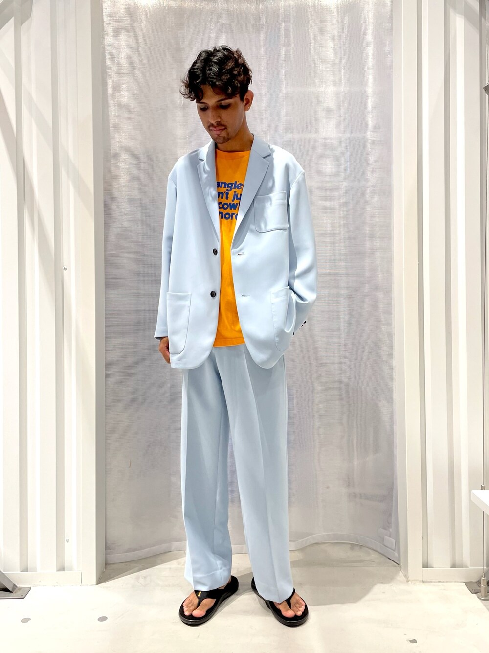 「jointworks、ジョイントワークス、ららぽーとTOKYO-BAY、セットアップ、カジュアル、ストリート、Wrangler、サックスブルー、オトナカジュアル、お洒落さんとつながりたい」｜「JOINT WORKSのダブルクロス2ボタンジャケット（その他アウター、ブルー系）」を使った、TAKESHIさん（メンズ・178cm）の夏コーディネートの1枚目の写真
