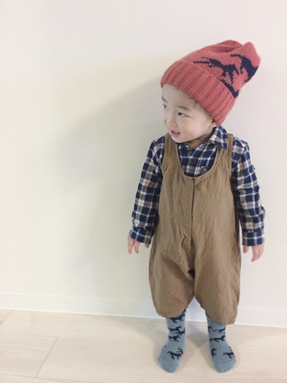 「次男、1歳、男の子、kids、おさがり、ハンドメイド、bobochoses、オシャレパッソ、PASSO、PR」｜「BOBO CHOSESのアイテム（タイツ/ストッキング、グリーン系）」を使った、h39さん（キッズ・80cm）の秋コーディネートの1枚目の写真