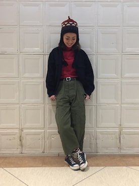 「red」｜「アイテム（ニットキャップ/ビーニー）」を使った、sawaaaさん（レディース・157cm）の冬コーディネート