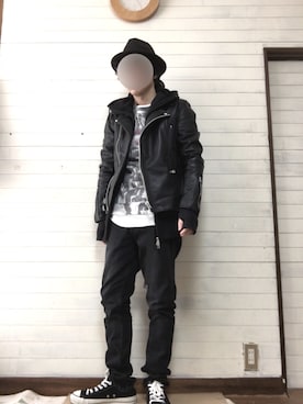 「L.H.P（エルエイチピー）のアイテム（ライダースジャケット）」を使った、tommyさん（メンズ・167cm）の冬コーディネート
