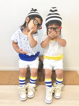 「AZUL by moussy（アズールバイマウジー）のアイテム（ニットキャップ/ビーニー）」を使った、A★R さん（キッズ・80cm）の夏コーディネート