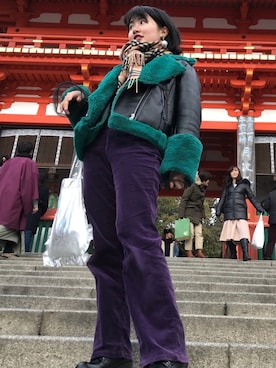 「PAGEBOY（ページボーイ）のアイテム（ライダースジャケット）」を使った、星野りよんさん（レディース・151cm）の冬コーディネート