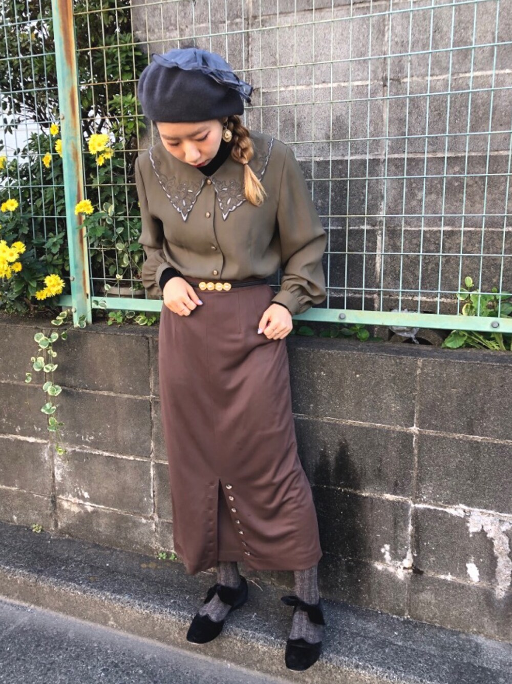 「秋冬コーデ、低身長、vintage、ベレー帽」｜「Barairo no Boushiのアイテム（ハンチング/ベレー帽、グレー系）」を使った、ゆかさん（レディース・154cm）の秋コーディネートの1枚目の写真