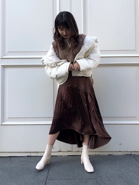 「DHOLIC（ディーホリック）のスクエアアンクルブーツ（ブーツ）」を使った、yuriさん（レディース・160cm）の冬コーディネート