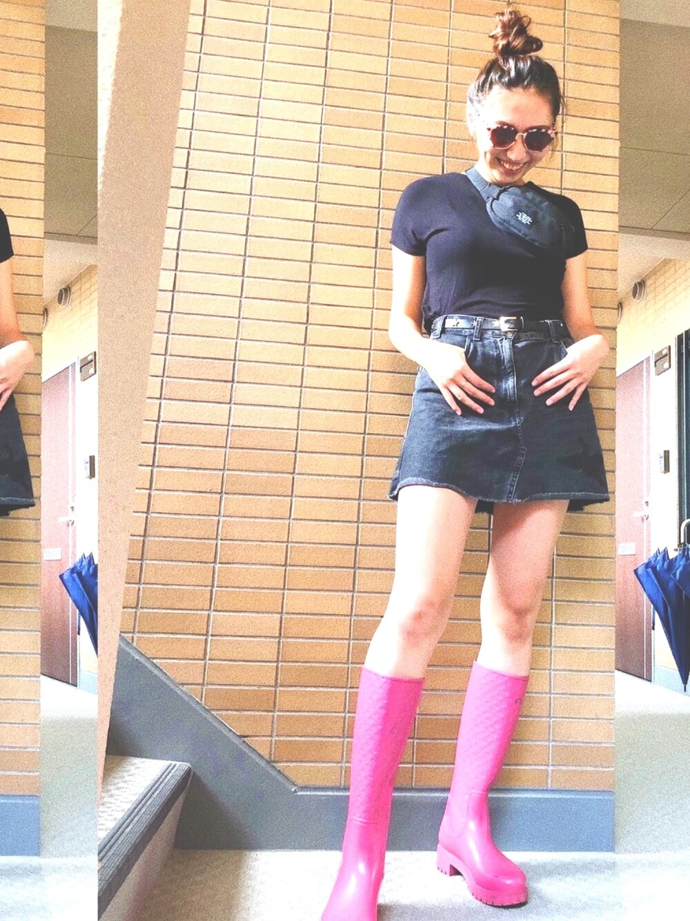 「今日のコーデ、おだんごヘアー、黒Tシャツ、ミニスカート、レインブーツ、ZARA、H&M、#bershka、ルイヴィトン」｜「ZARAのアイテム（Tシャツ/カットソー、ブラック系）」を使った、ひーちゃんさん（レディース・170cm）の夏コーディネートの1枚目の写真