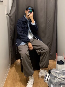 「アイテム（その他シューズ、ホワイト系）」を使った、橙尧尧_さん（メンズ・173cm）の秋コーディネート