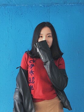 「PULL&BEAR（プルアンドベア）のアイテム（ライダースジャケット）」を使った、Vanessaさん（レディース・166cm）の冬コーディネート