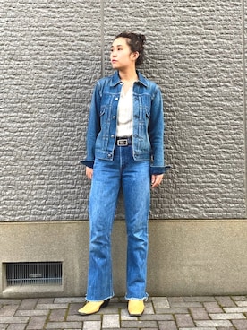 「HYKE」｜「アイテム（デニムジャケット）」を使った、おぎむさん（レディース・158cm）の春コーディネート